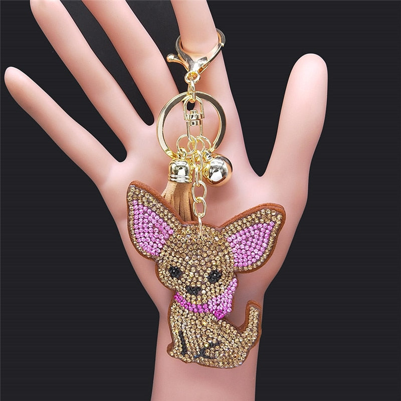 Fashion Crystal Bling Chihuahua Dog Keychain Bag Accessories for Women Gold Color Keyring Ark Jar Store