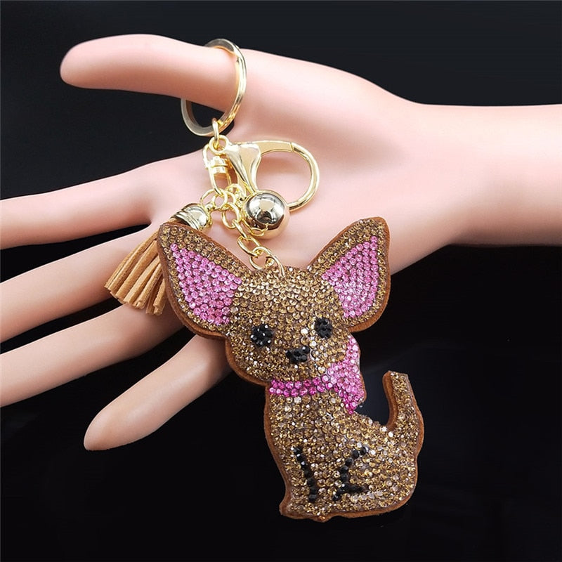 Fashion Crystal Bling Chihuahua Dog Keychain Bag Accessories for Women Gold Color Keyring Ark Jar Store