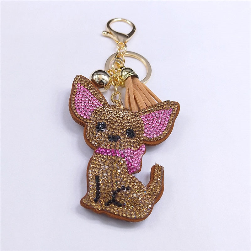 Fashion Crystal Bling Chihuahua Dog Pendant Keychain Bag Accessories for Women Gold Color Keyring Ark Jar Store