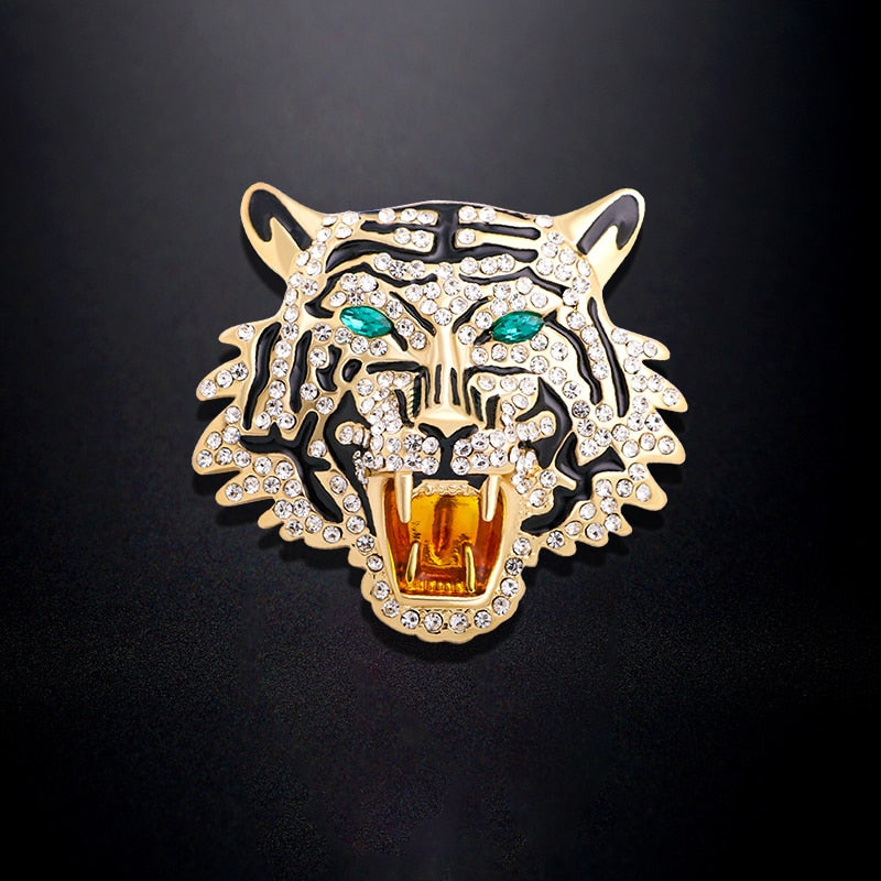 Roaring Green Eyes Tiger Big Tiger Head Party Ark Jar Store Ark Jar Rhinestone Bling Ice Brooch Pin Pendant 