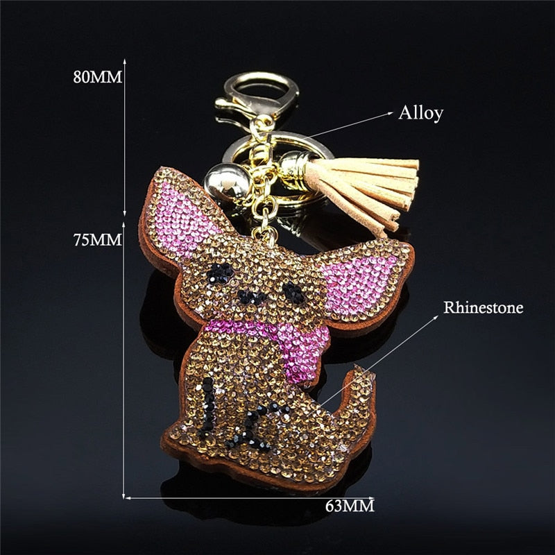 Fashion Crystal Bling Chihuahua Dog Keychain Bag Accessories for Women Gold Color Keyring Ark Jar Store